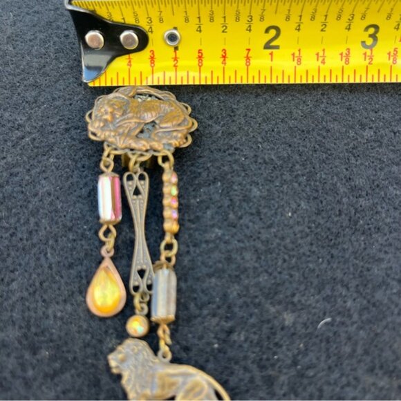 Vintage Banana Bob Bronze Lion/Iridescent/Yellow Stone Dangle Clip On Earrings - Picture 10 of 11